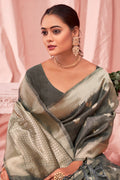 Grey Zari Woven Kota Cotton Saree With Blouse Piece