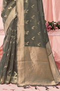 Grey Zari Woven Kota Cotton Saree With Blouse Piece