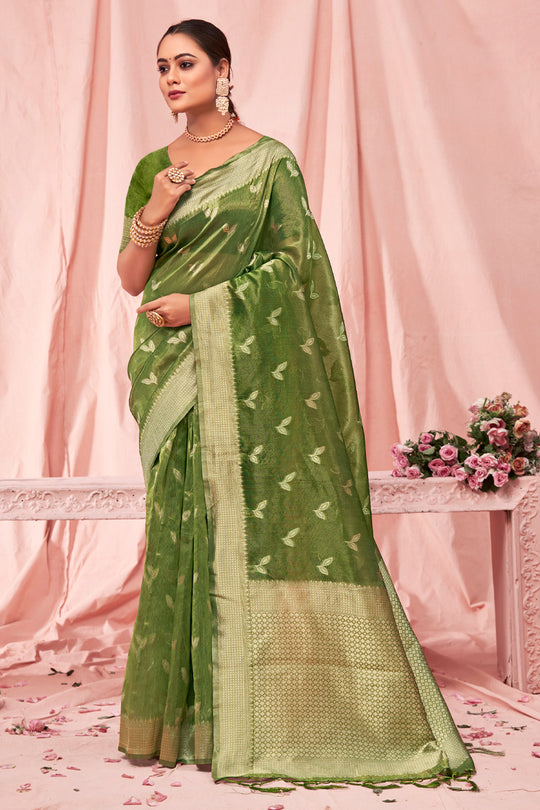 Green Zari Woven Kota Cotton Saree With Blouse Piece