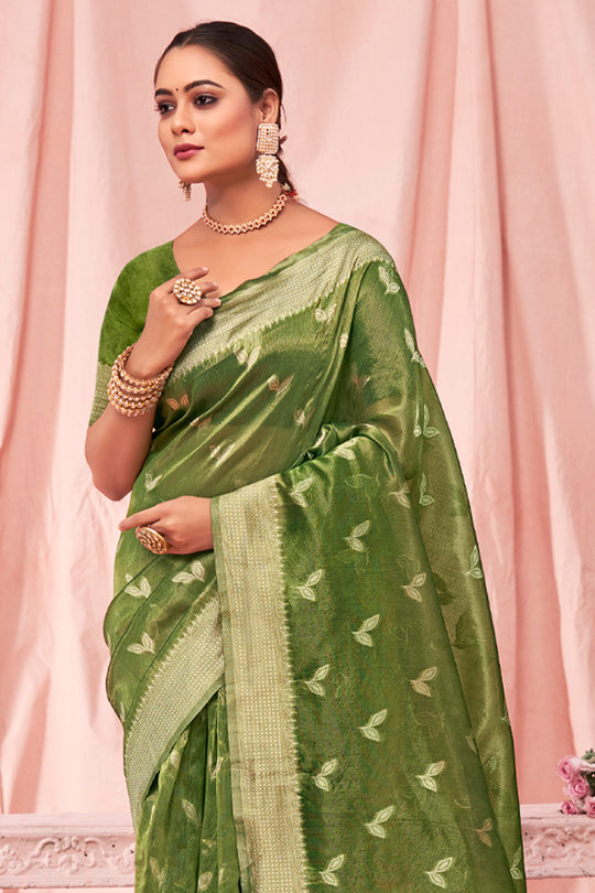 Green Zari Woven Kota Cotton Saree With Blouse Piece