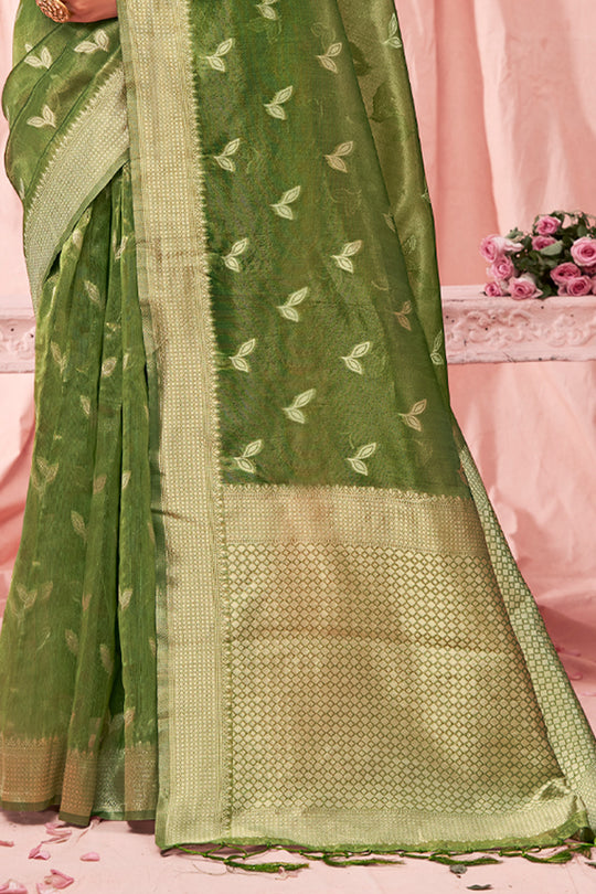 Green Zari Woven Kota Cotton Saree With Blouse Piece