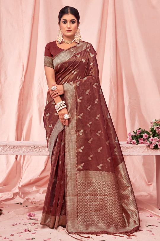 Maroon Zari Woven Kota Cotton Saree With Blouse Piece