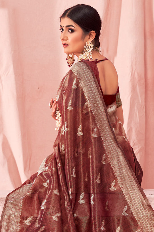 Maroon Zari Woven Kota Cotton Saree With Blouse Piece