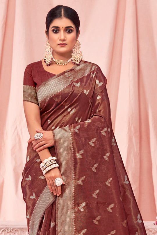 Maroon Zari Woven Kota Cotton Saree With Blouse Piece