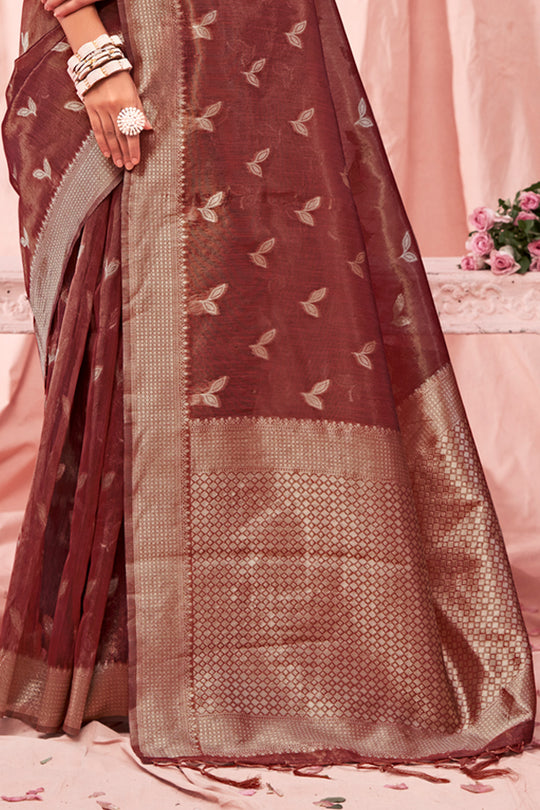 Maroon Zari Woven Kota Cotton Saree With Blouse Piece