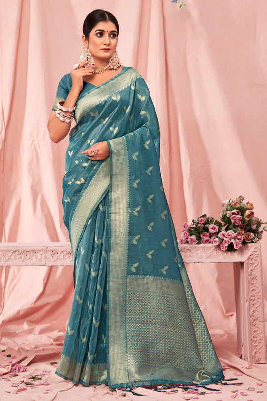 Sky Blue Zari Woven Kota Cotton Saree With Blouse Piece