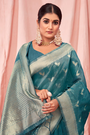 Sky Blue Zari Woven Kota Cotton Saree With Blouse Piece