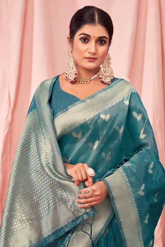 Sky Blue Zari Woven Kota Cotton Saree With Blouse Piece