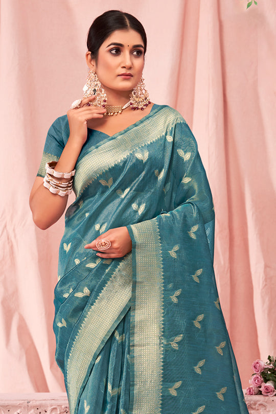Sky Blue Zari Woven Kota Cotton Saree With Blouse Piece