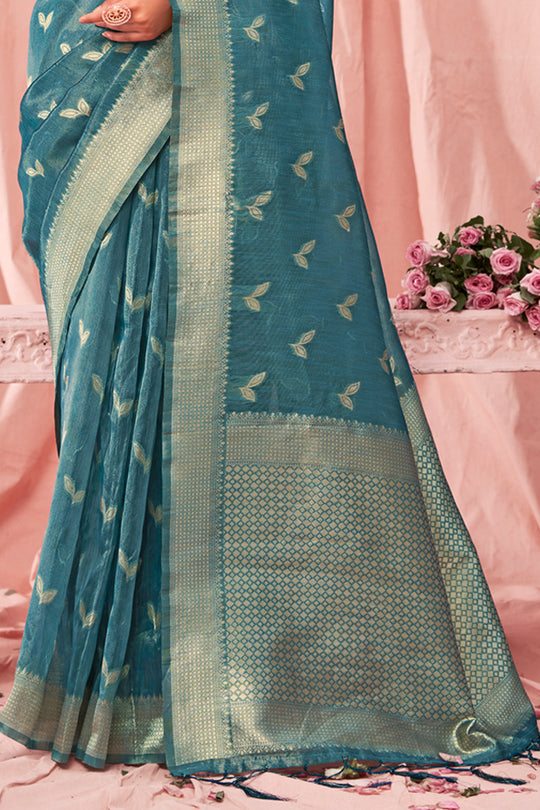 Sky Blue Zari Woven Kota Cotton Saree With Blouse Piece