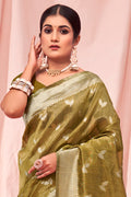 Mehendi Green Zari Woven Kota Cotton Saree With Blouse Piece