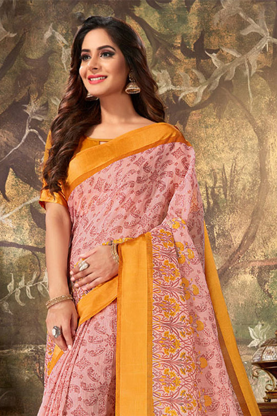 Peach Cotton Saree With Blouse Piece