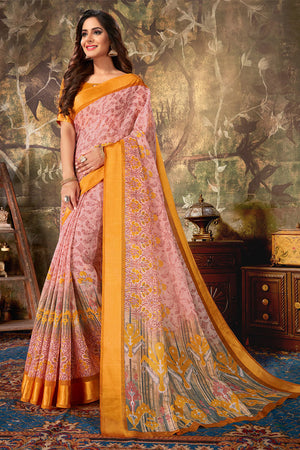 Peach Cotton Saree With Blouse Piece