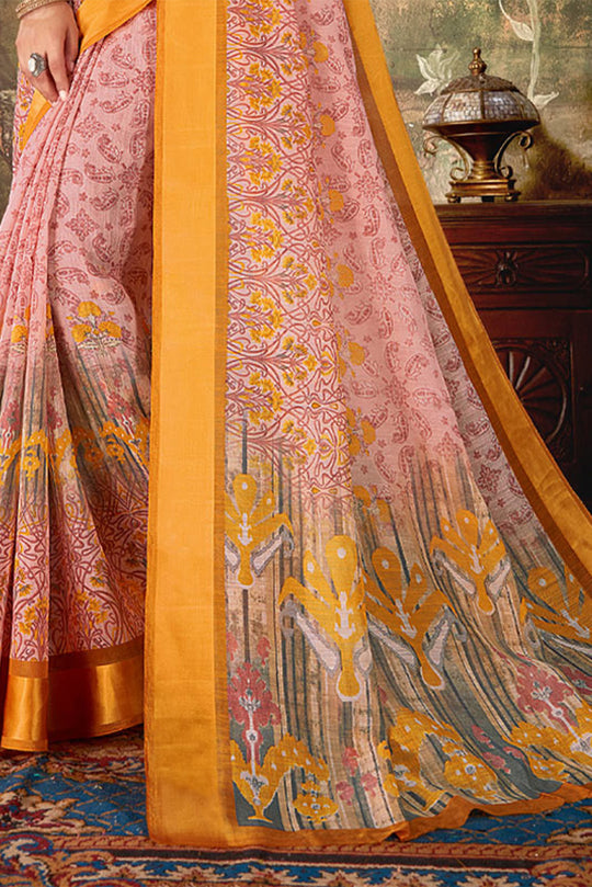 Peach Cotton Saree With Blouse Piece
