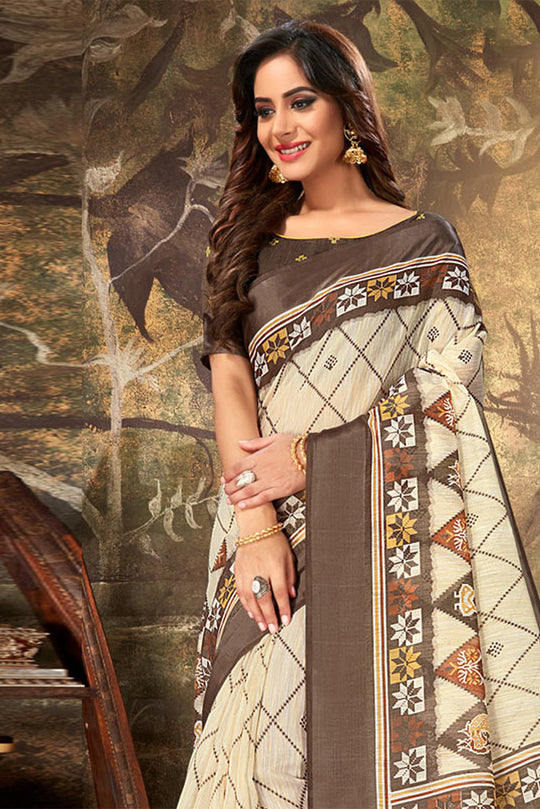 Cream Cotton Saree With Blouse Piece