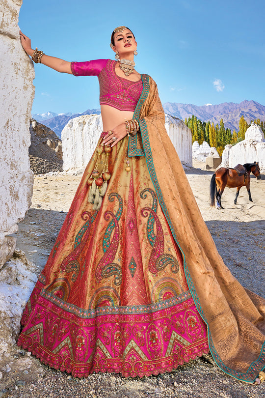 Mustard Yellow & Pink Banarasi Silk Jacquard Lehenga
