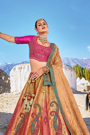 Mustard Yellow & Pink Banarasi Silk Jacquard Lehenga