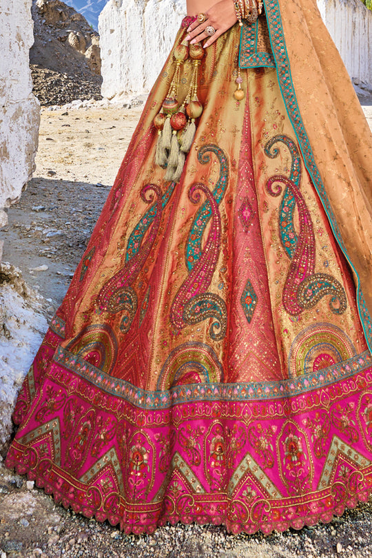 Mustard Yellow & Pink Banarasi Silk Jacquard Lehenga