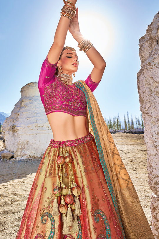 Mustard Yellow & Pink Banarasi Silk Jacquard Lehenga