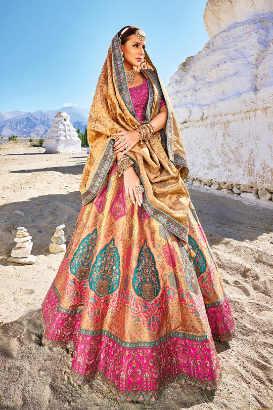 Mustard Yellow & Pink Banarasi Silk Jacquard Lehenga