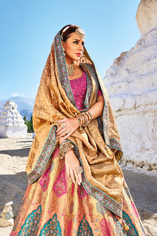 Mustard Yellow & Pink Banarasi Silk Jacquard Lehenga