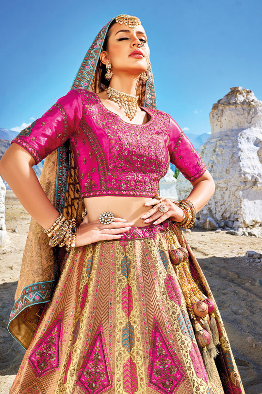Mustard Yellow & Pink Banarasi Silk Jacquard Lehenga