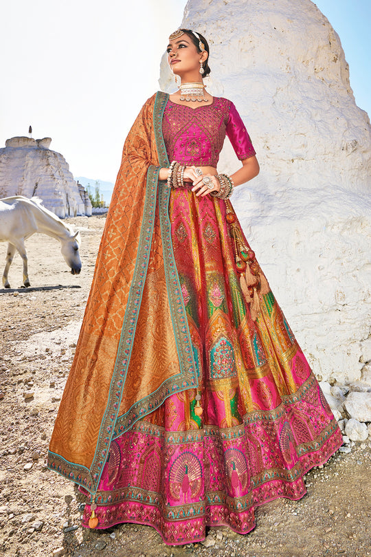 Golden Yellow & Rani Banarasi Silk Jacquard Lehenga