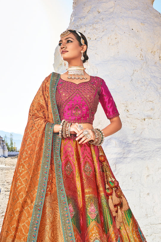 Golden Yellow & Rani Banarasi Silk Jacquard Lehenga
