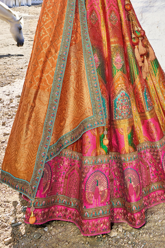 Golden Yellow & Rani Banarasi Silk Jacquard Lehenga