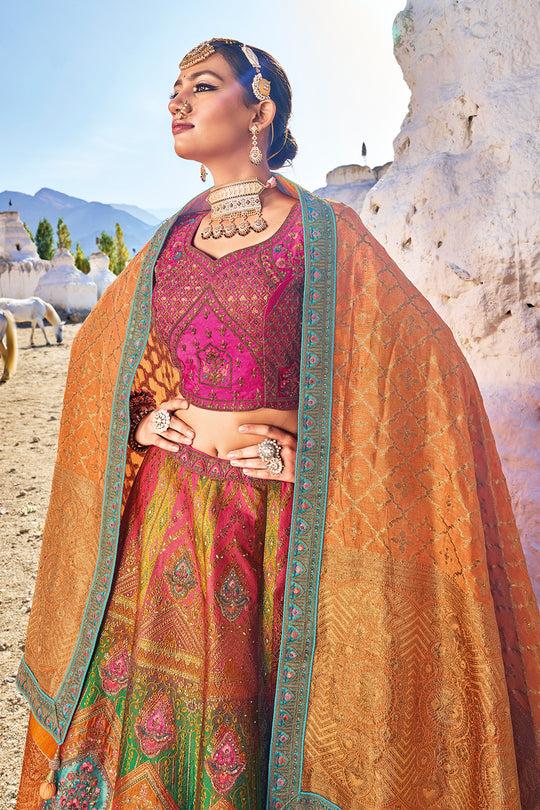 Golden Yellow & Rani Banarasi Silk Jacquard Lehenga