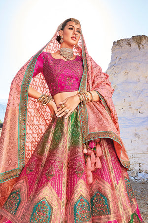 Peach & Rani Banarasi Silk Jacquard Lehenga