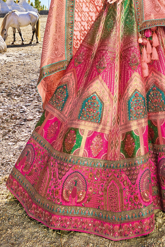 Peach & Rani Banarasi Silk Jacquard Lehenga