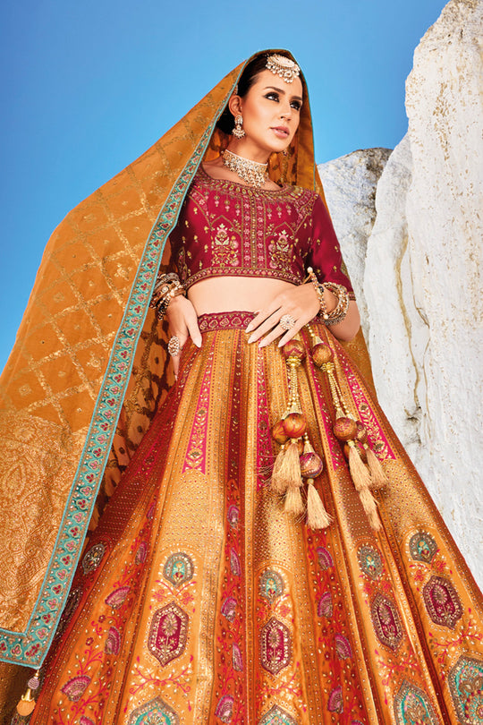 Orange Banarasi Silk Jacquard Lehenga