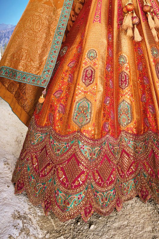 Orange Banarasi Silk Jacquard Lehenga