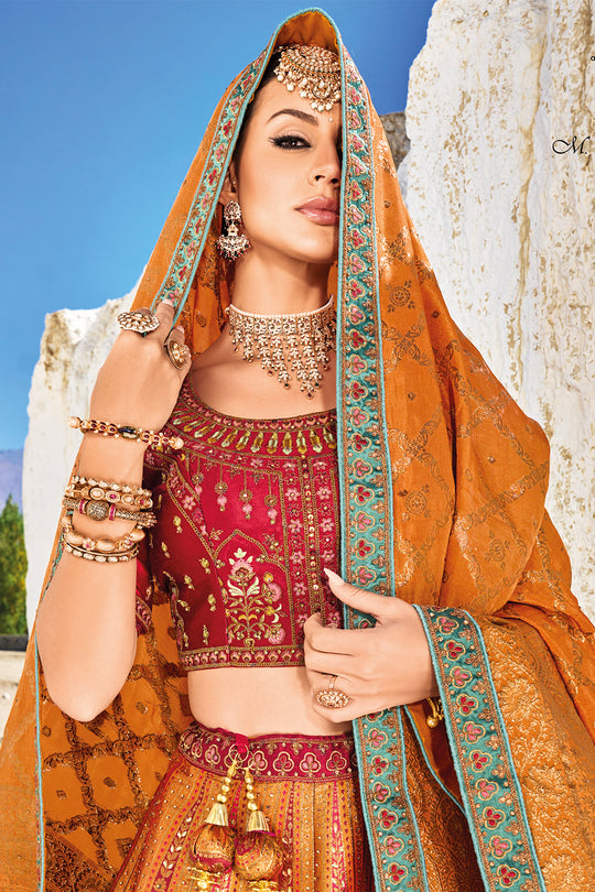 Orange Banarasi Silk Jacquard Lehenga