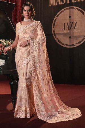 Karagiri Peach Digital Net Saree With Blouse Piece
