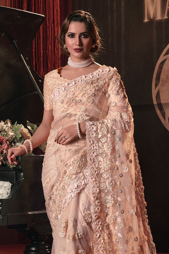 Karagiri Peach Digital Net Saree With Blouse Piece