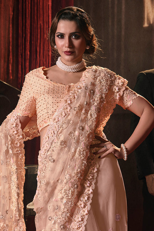 Karagiri Peach Digital Net Saree With Blouse Piece