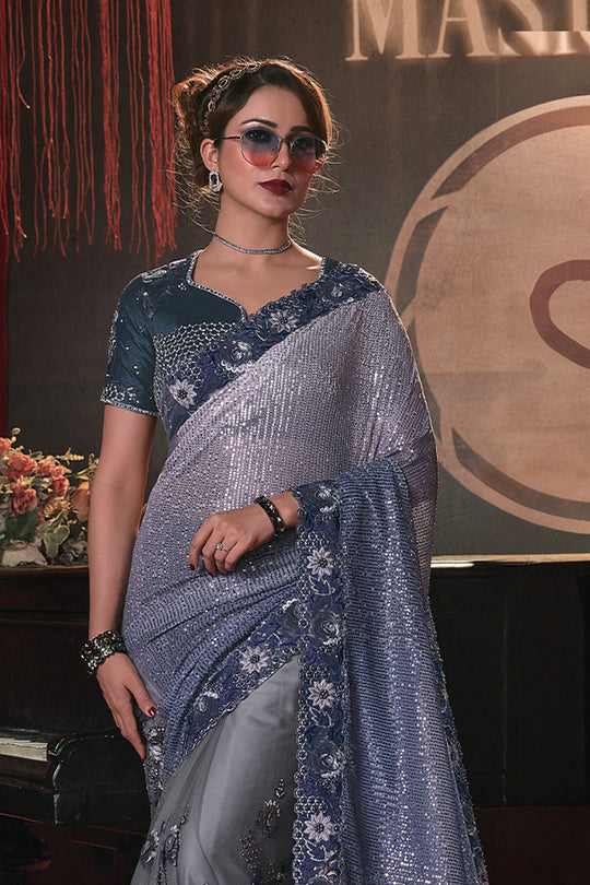 Karagiri Salt Box Grey Silk Blend Saree With Blouse Piece