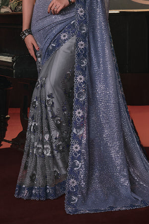 Karagiri Salt Box Grey Silk Blend Saree With Blouse Piece