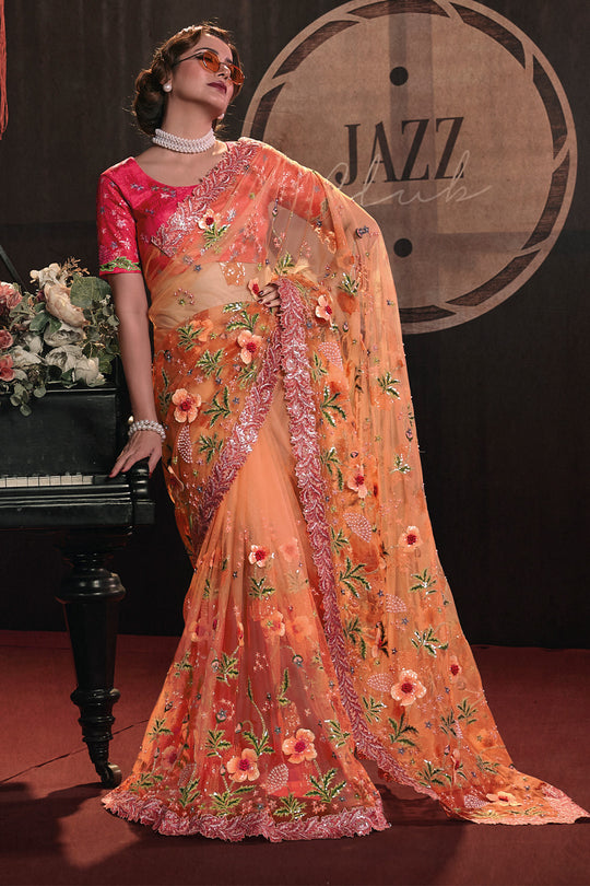 Karagiri Glittery Orange Digital Net Saree With Blouse Piece