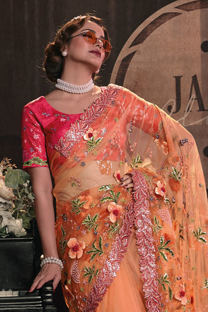 Karagiri Glittery Orange Digital Net Saree With Blouse Piece