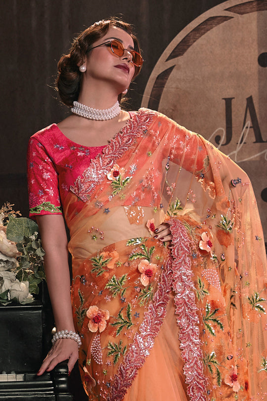 Karagiri Glittery Orange Digital Net Saree With Blouse Piece