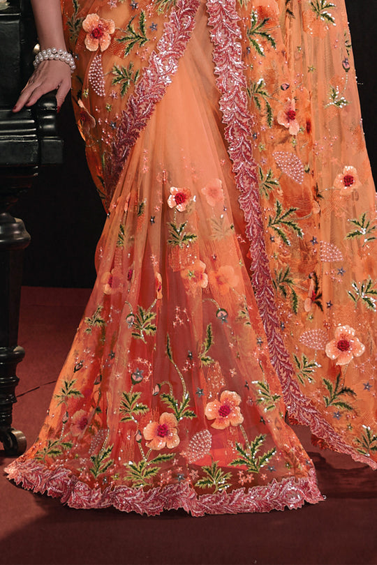 Karagiri Glittery Orange Digital Net Saree With Blouse Piece