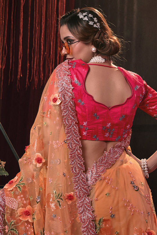 Karagiri Glittery Orange Digital Net Saree With Blouse Piece