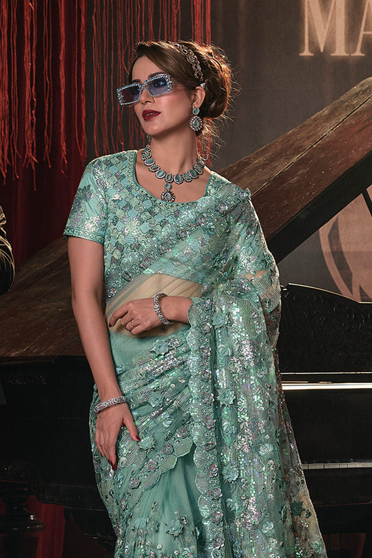Karagiri Sea Green Digital Net Saree With Blouse Piece