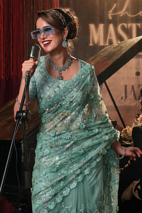 Karagiri Sea Green Digital Net Saree With Blouse Piece