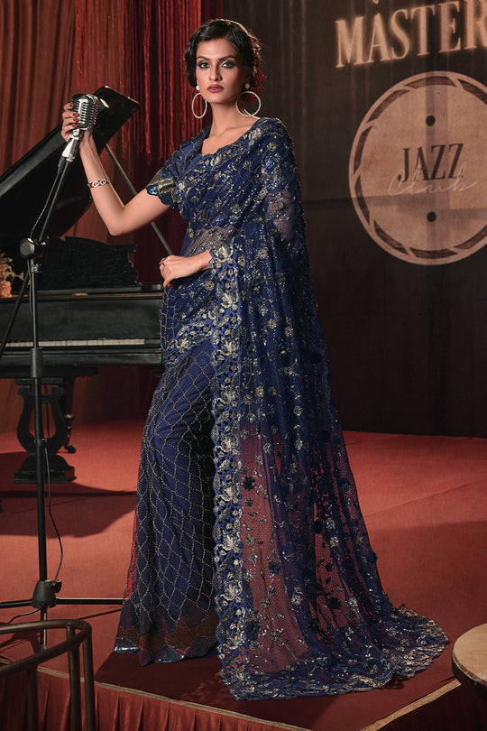 Karagiri Navy Blue Digital Net Saree With Blouse Piece