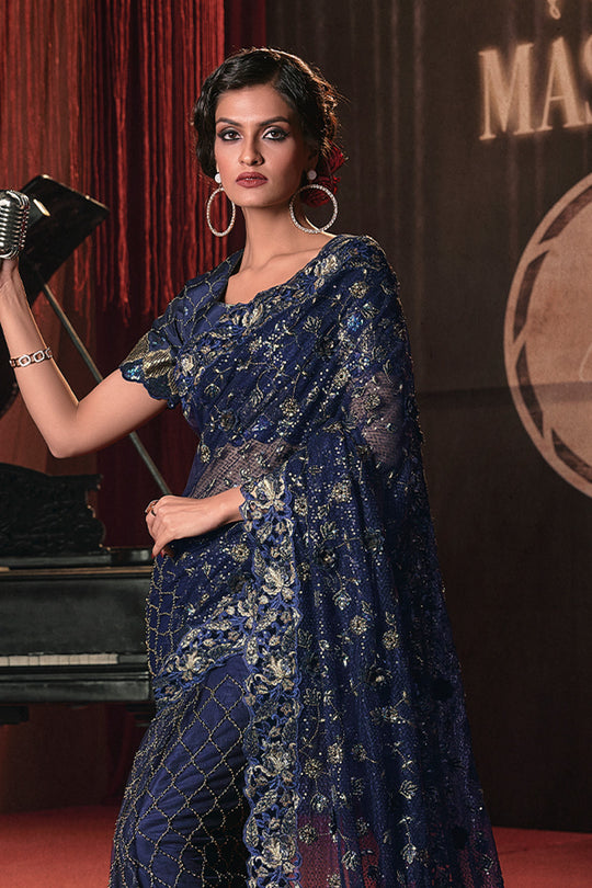 Karagiri Navy Blue Digital Net Saree With Blouse Piece