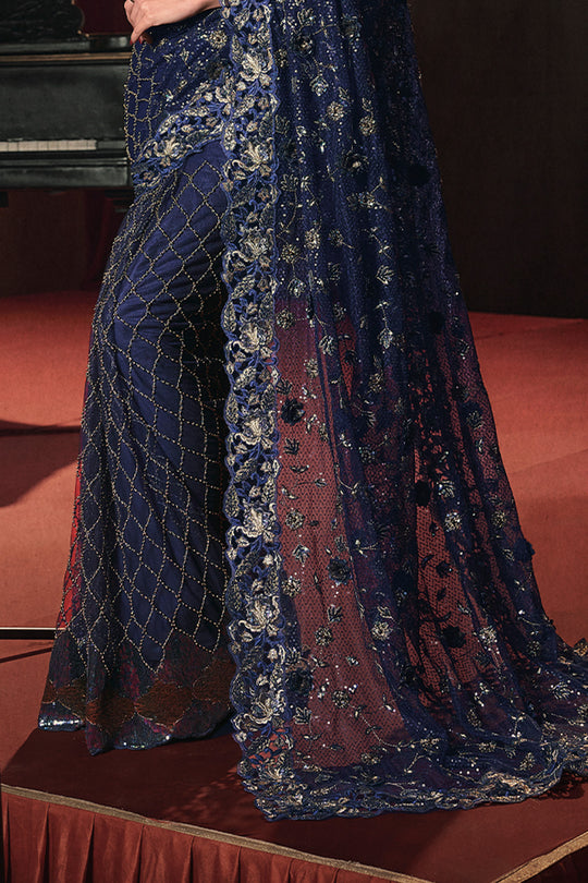 Karagiri Navy Blue Digital Net Saree With Blouse Piece